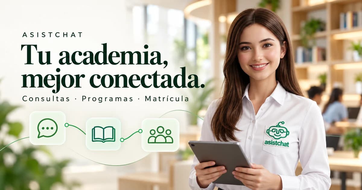 Asis, con camisa blanca y emblema de AsistChat, presenta una tableta junto al texto Tu academia, mejor conectada y un flujo ilustrativo de consultas, programas y matrícula.
