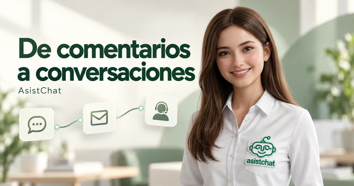 Asis, con camisa blanca y emblema verde de AsistChat, junto al texto De comentarios a conversaciones y tarjetas ilustrativas de comentario, mensaje y asesor.