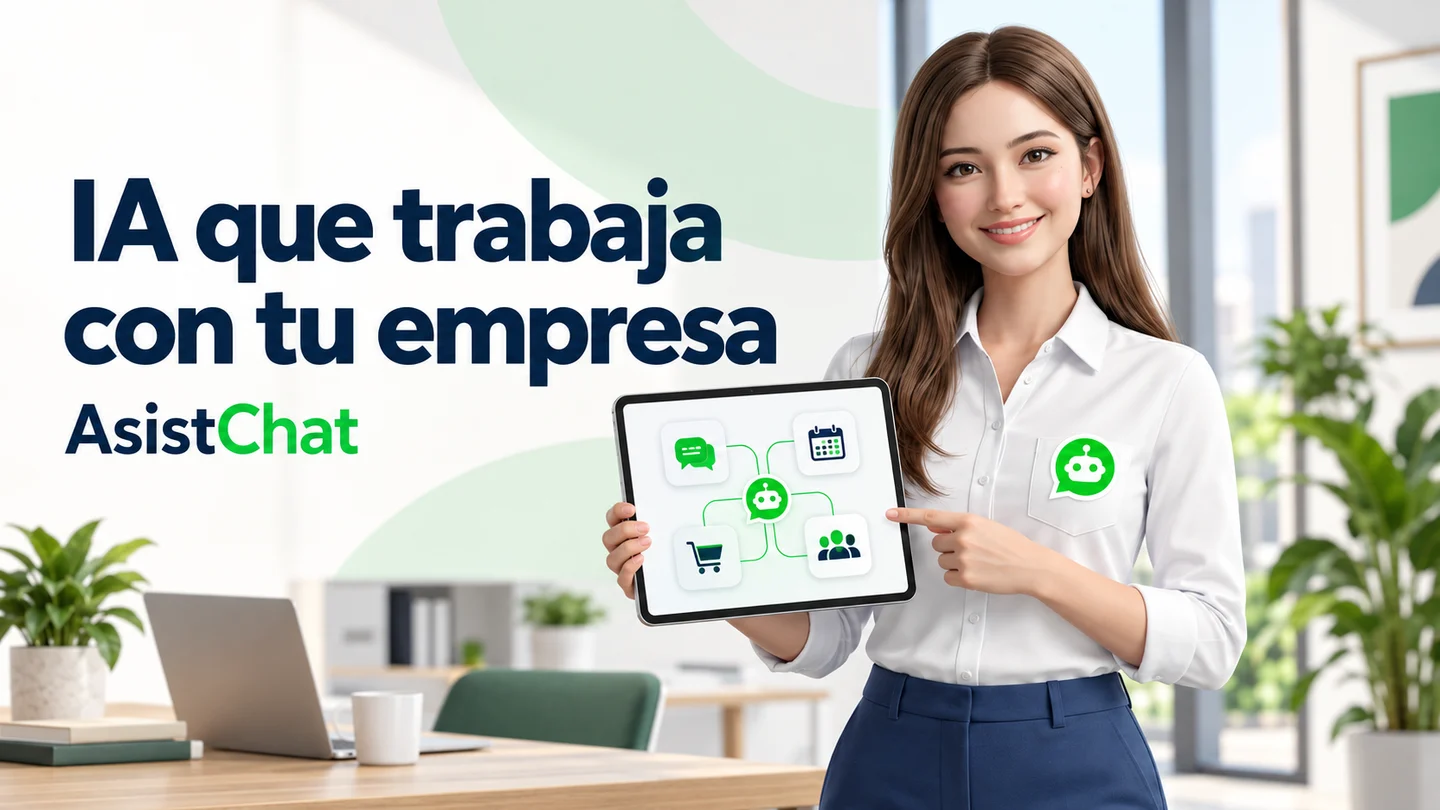 Asis presenta una tableta con conversación, agenda, catálogo y equipo conectados, junto al texto IA que trabaja con tu empresa.