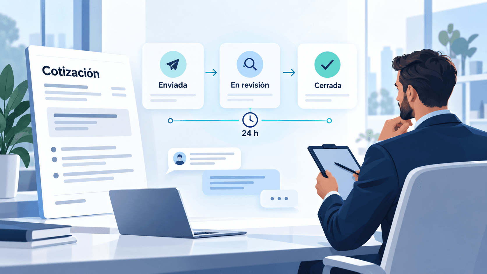 Una cotización B2B pasa a seguimiento con un marcador de 24 horas, estados comerciales y supervisión de un responsable.