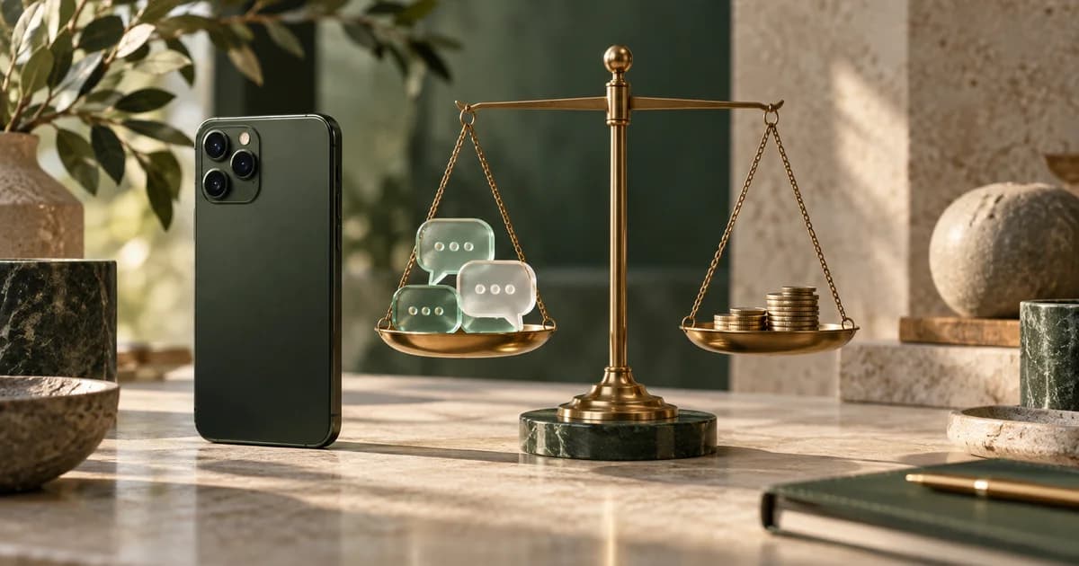 Balanza con conversaciones y monedas junto a un teléfono, metáfora del costo de un agente empresarial.