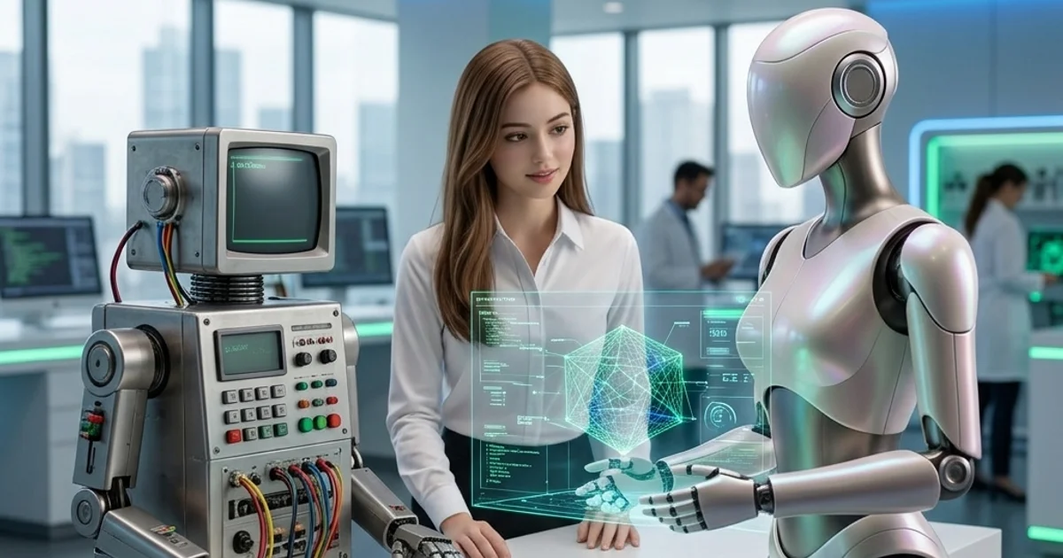 Comparativa entre un robot antiguo y un agente IA moderno y elegante