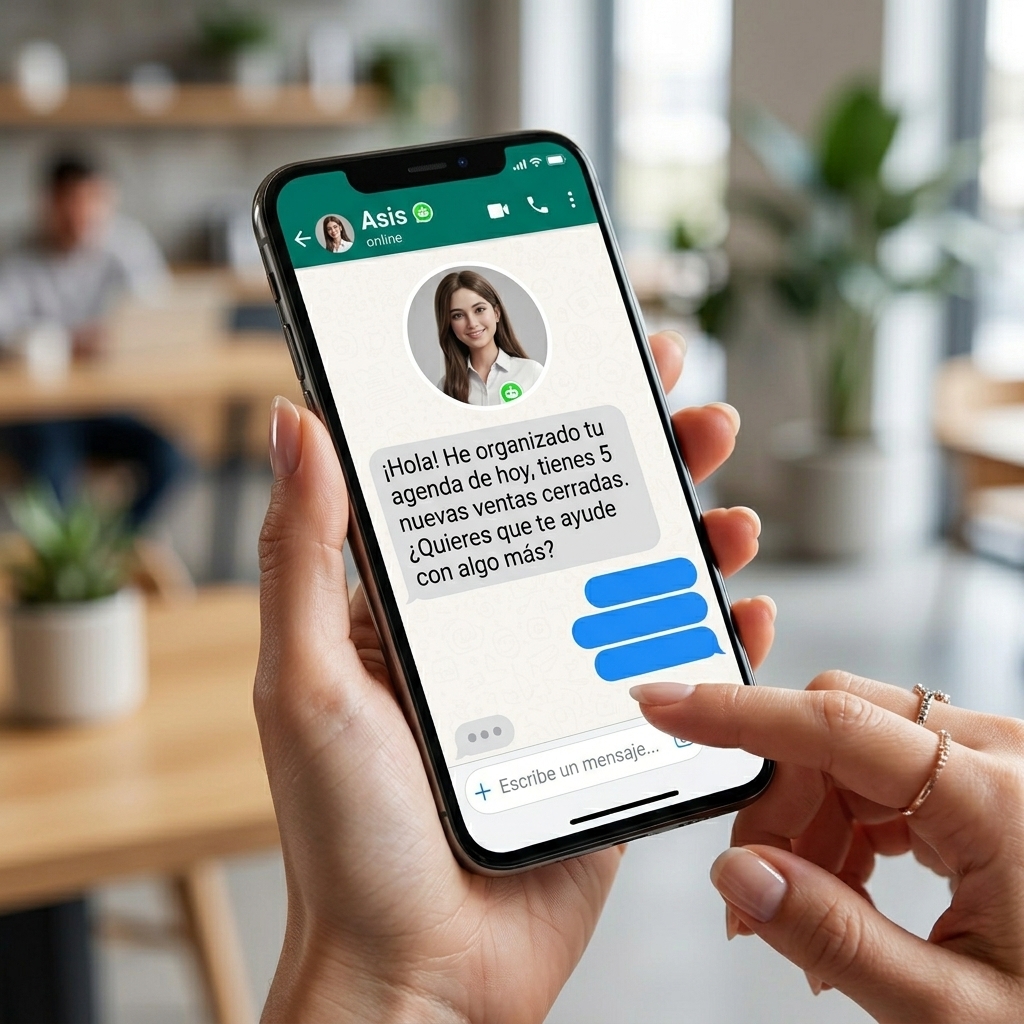 Primer plano de un chat de WhatsApp donde Asis reporta 5 ventas cerradas