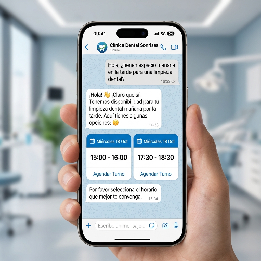 Bot IA de AsistChat negociando una cita dental por WhatsApp mostrando opciones de horario claras