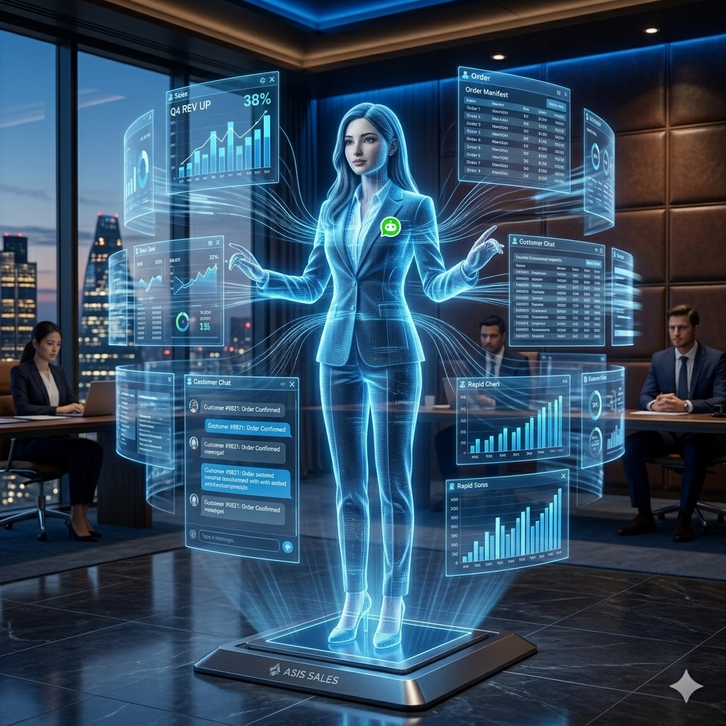 Una oficina vacía y lujosa donde la IA Asis procesa todo en hologramas de forma autónoma