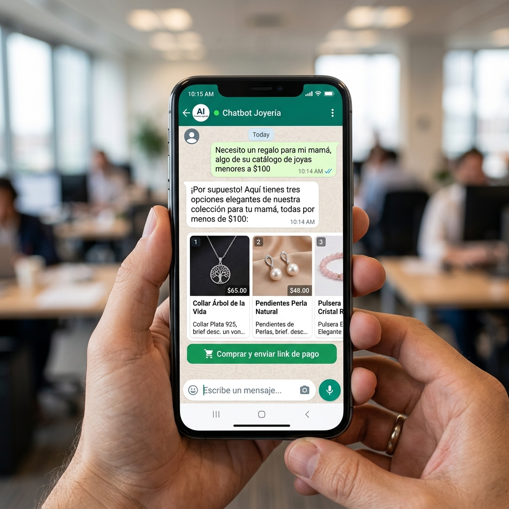 Bot de IA AsistChat vendiendo joyería automáticamente dentro de WhatsApp